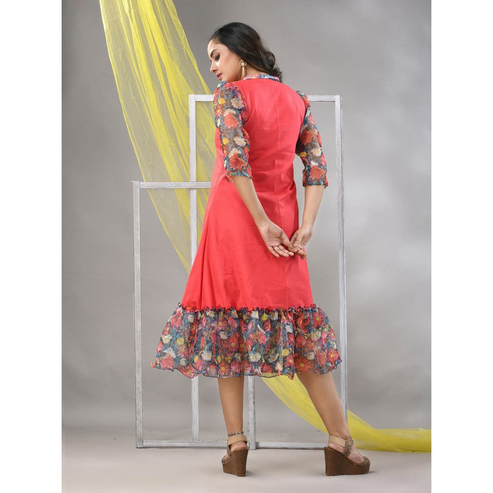 CHARUKRITI Peach Cotton Solid A-line Ethnic Dress With Ruffle