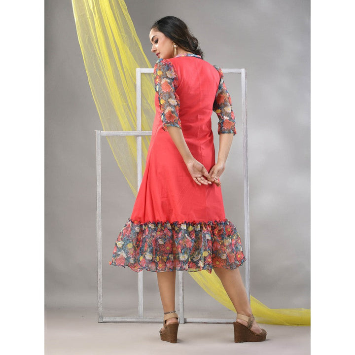 CHARUKRITI Peach Cotton Solid A-line Ethnic Dress With Ruffle