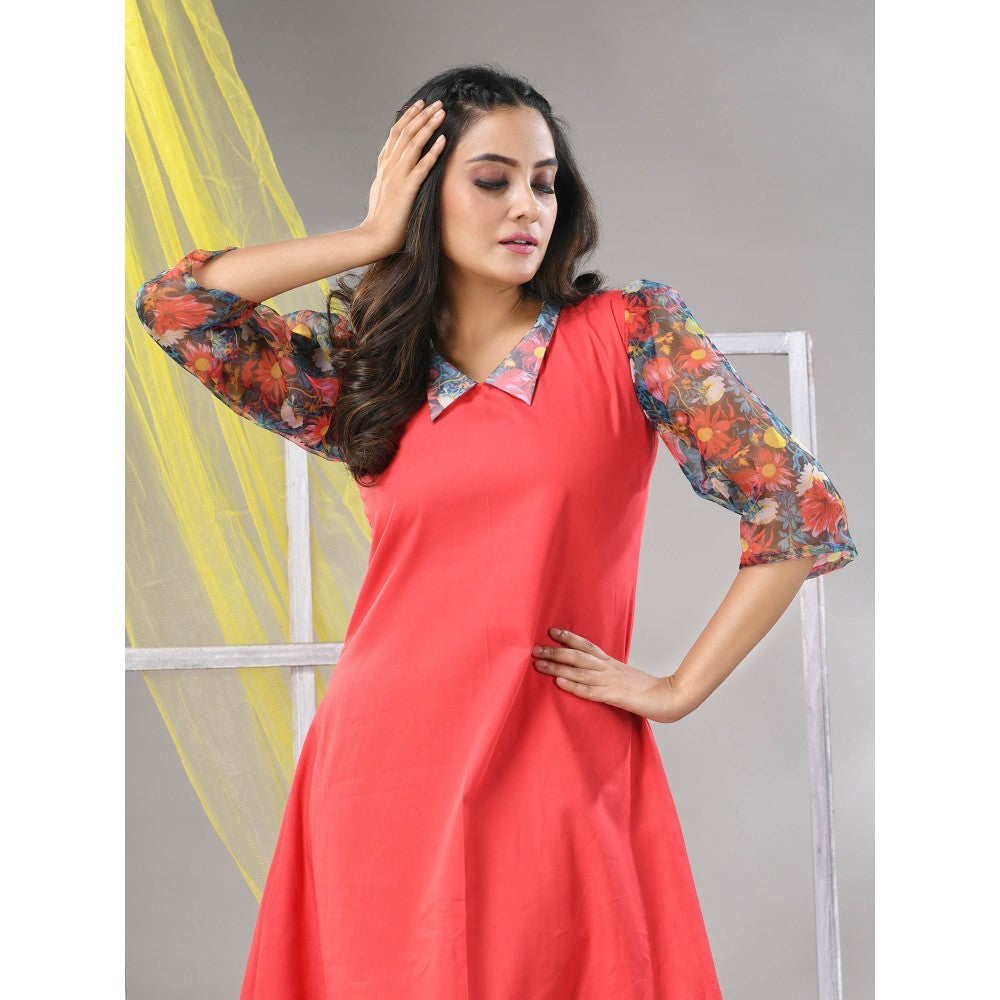 CHARUKRITI Peach Cotton Solid A-line Ethnic Dress With Ruffle