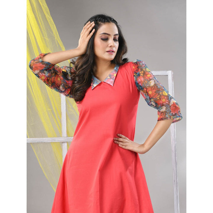 CHARUKRITI Peach Cotton Solid A-line Ethnic Dress With Ruffle