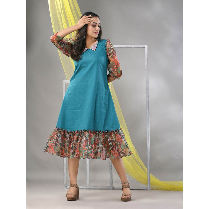 CHARUKRITI Teal Cotton Solid A-line Ethnic Dress With Ruffle