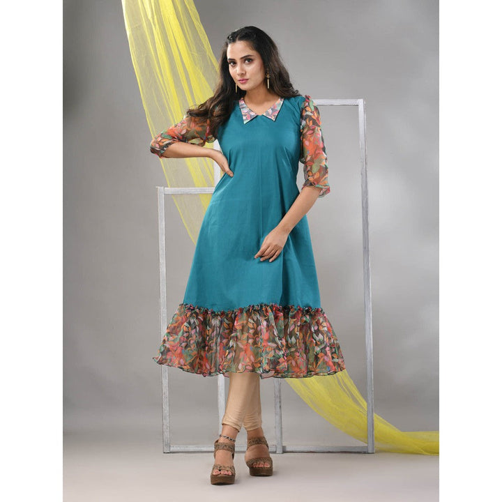 CHARUKRITI Teal Cotton Solid A-line Ethnic Dress With Ruffle