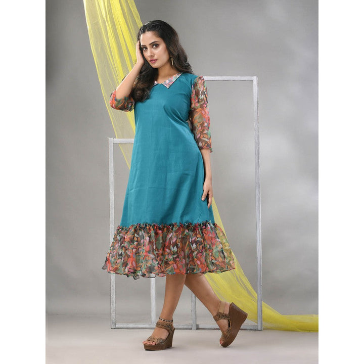 CHARUKRITI Teal Cotton Solid A-line Ethnic Dress With Ruffle