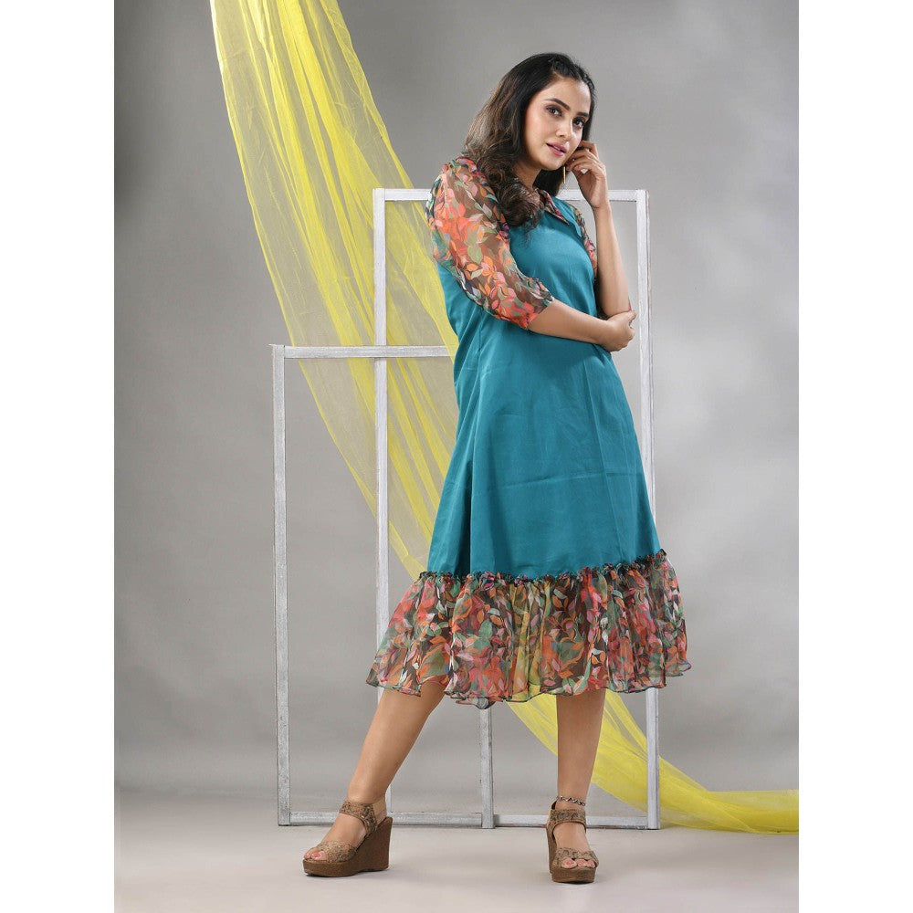 CHARUKRITI Teal Cotton Solid A-line Ethnic Dress With Ruffle