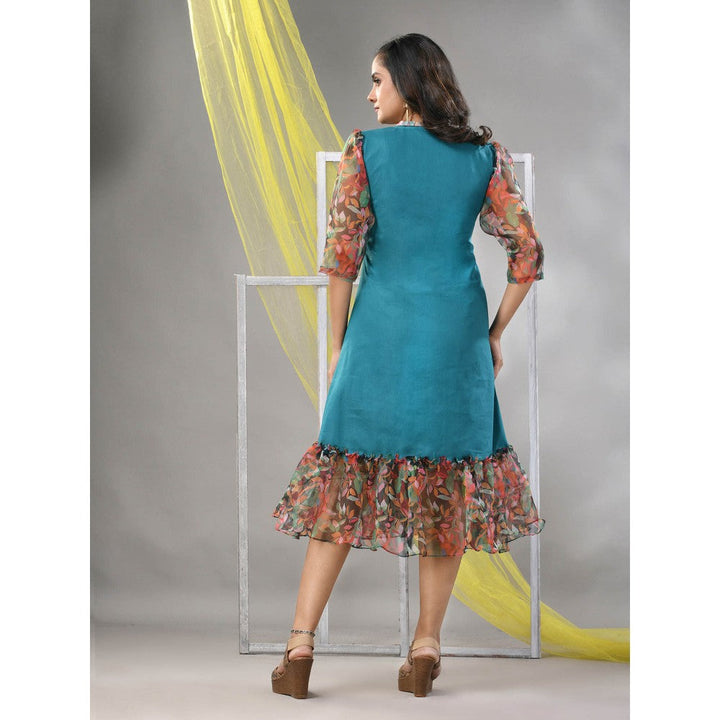 CHARUKRITI Teal Cotton Solid A-line Ethnic Dress With Ruffle