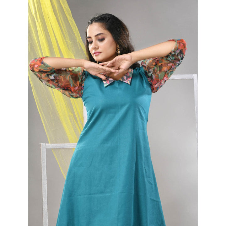 CHARUKRITI Teal Cotton Solid A-line Ethnic Dress With Ruffle