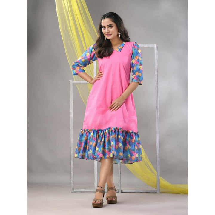 CHARUKRITI Pink Cotton Solid A-line Ethnic Dress With Ruffle