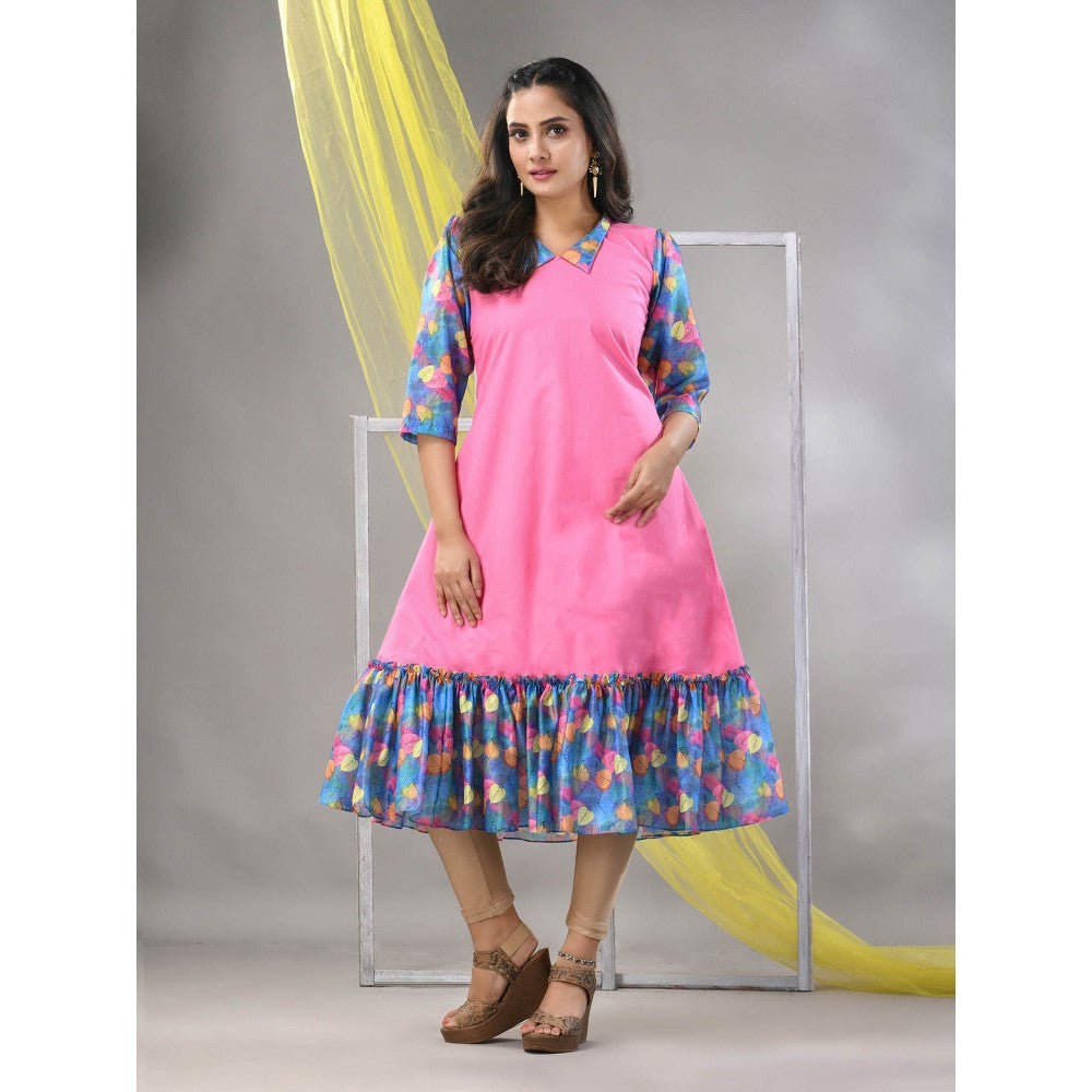 CHARUKRITI Pink Cotton Solid A-line Ethnic Dress With Ruffle