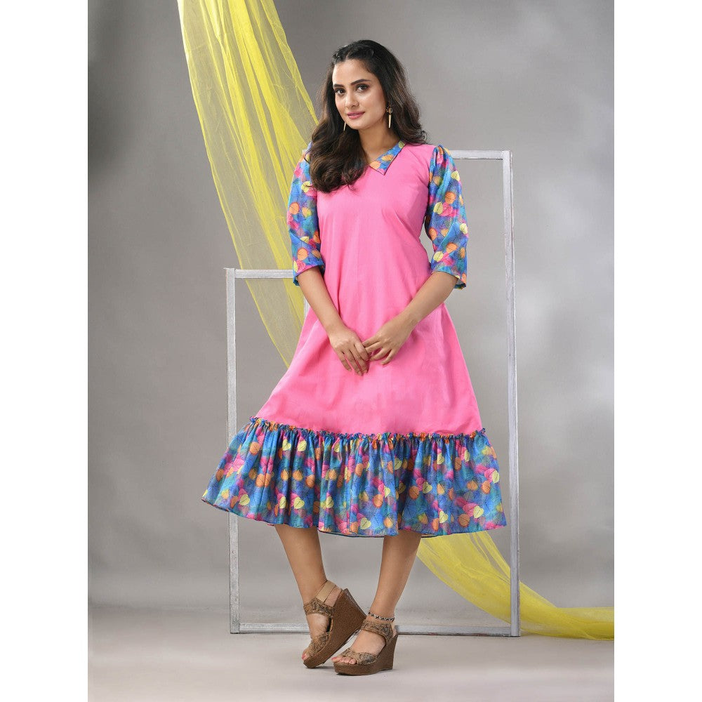 CHARUKRITI Pink Cotton Solid A-line Ethnic Dress With Ruffle