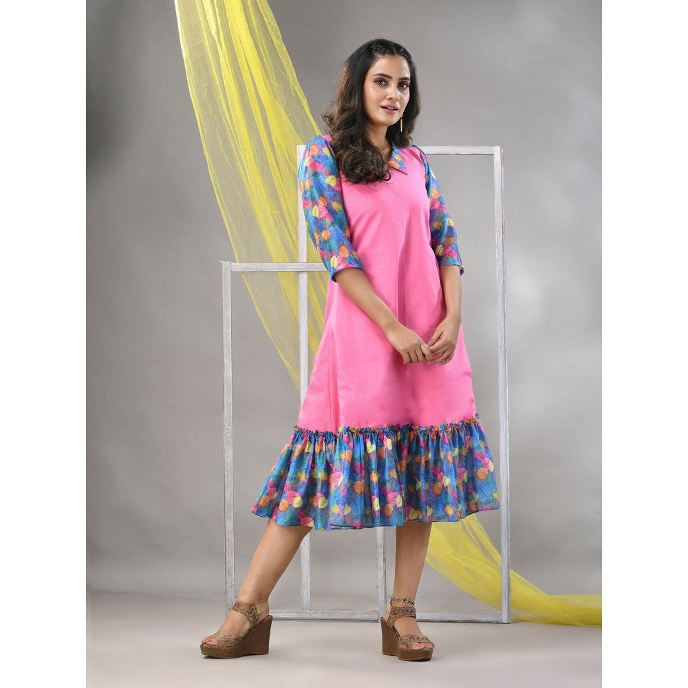 CHARUKRITI Pink Cotton Solid A-line Ethnic Dress With Ruffle