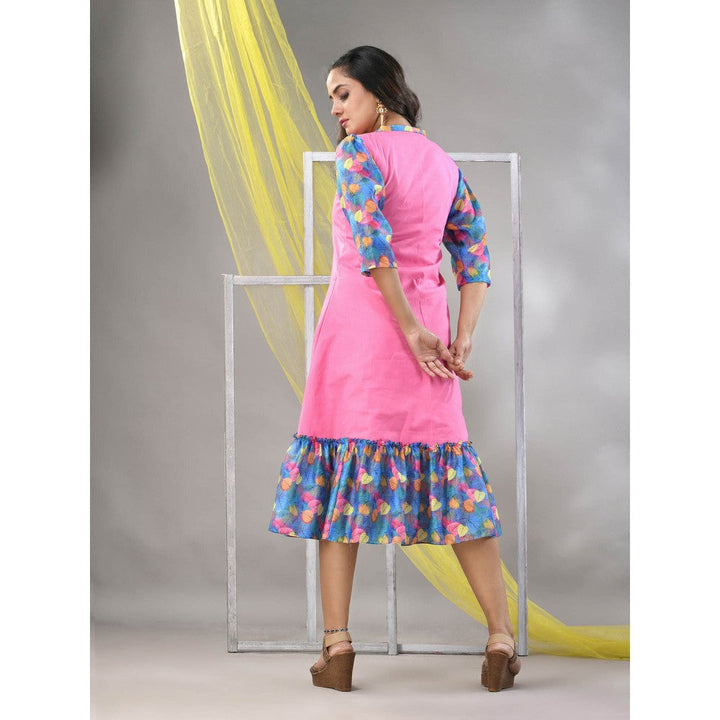 CHARUKRITI Pink Cotton Solid A-line Ethnic Dress With Ruffle