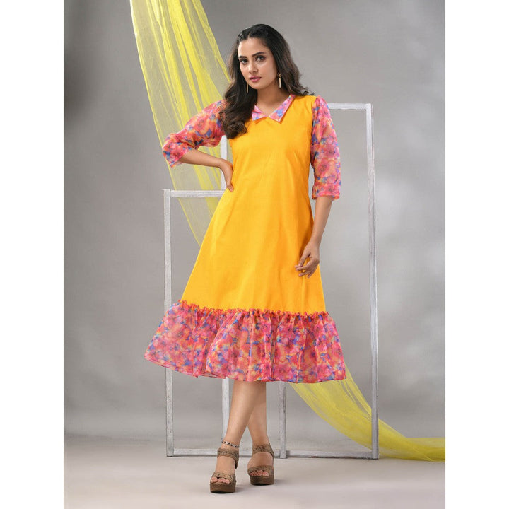 CHARUKRITI Yellow Cotton Solid A-line Ethnic Dress With Ruffle