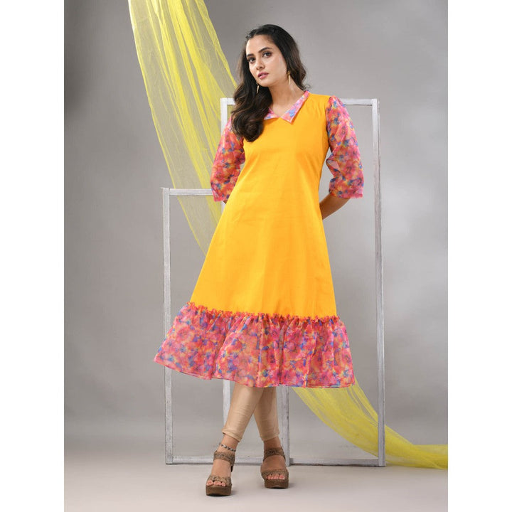 CHARUKRITI Yellow Cotton Solid A-line Ethnic Dress With Ruffle