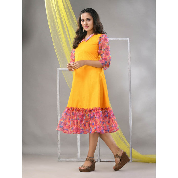 CHARUKRITI Yellow Cotton Solid A-line Ethnic Dress With Ruffle