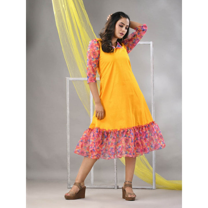 CHARUKRITI Yellow Cotton Solid A-line Ethnic Dress With Ruffle