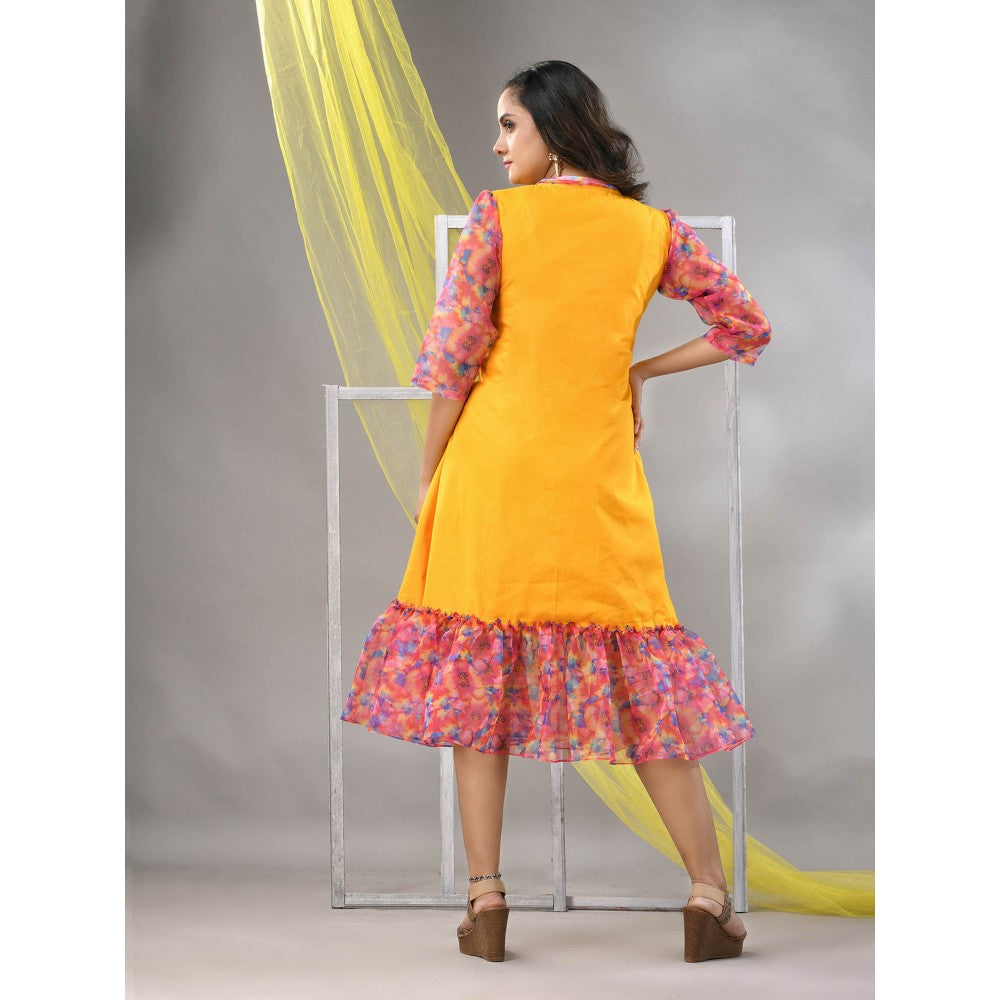 CHARUKRITI Yellow Cotton Solid A-line Ethnic Dress With Ruffle