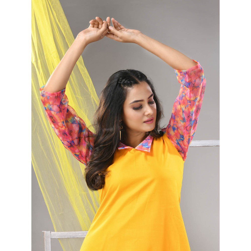 CHARUKRITI Yellow Cotton Solid A-line Ethnic Dress With Ruffle