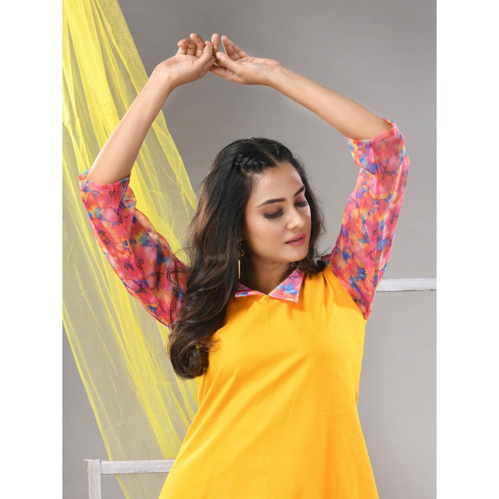 CHARUKRITI Yellow Cotton Solid A-line Ethnic Dress With Ruffle