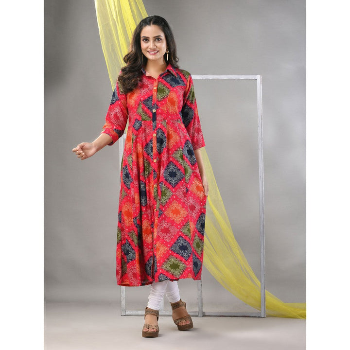 CHARUKRITI Fuchsia Pink Rayon Bandhani Printed Anarkali Kurta