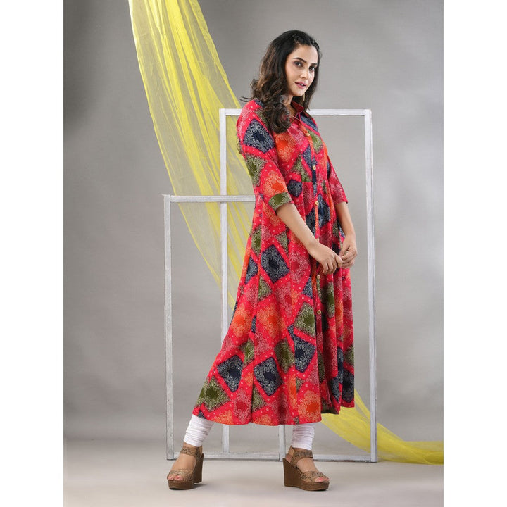 CHARUKRITI Fuchsia Pink Rayon Bandhani Printed Anarkali Kurta