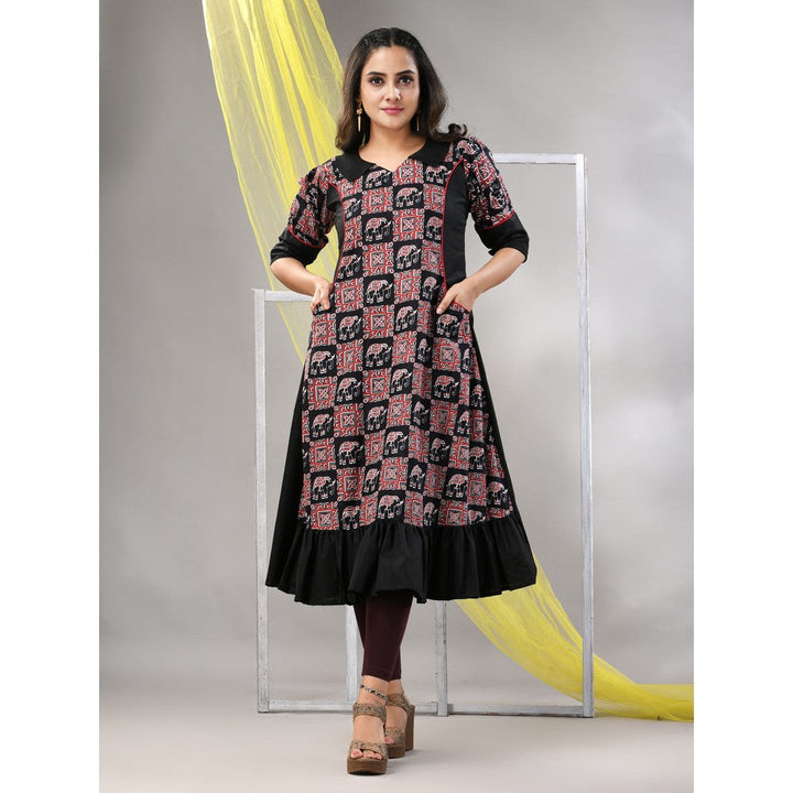 CHARUKRITI Black Cotton Printed A-Line Kurta