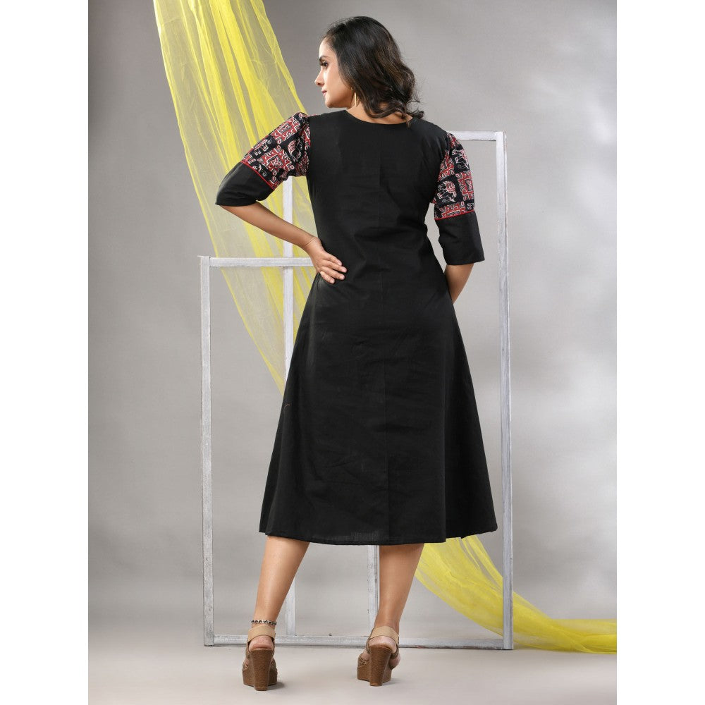 CHARUKRITI Black Cotton Printed A-Line Kurta