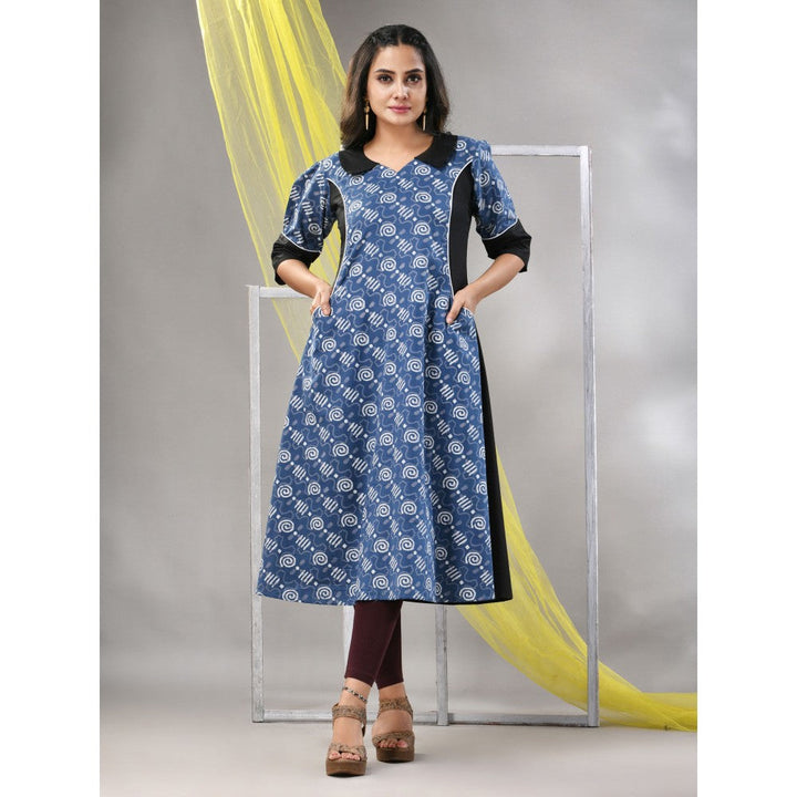 CHARUKRITI Sapphire Blue Cotton Printed A-Line Kurta