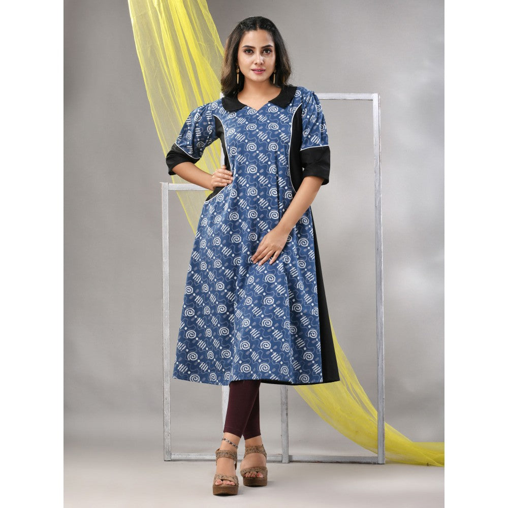 CHARUKRITI Sapphire Blue Cotton Printed A-Line Kurta