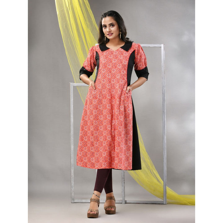 CHARUKRITI Peach Cotton Printed A-Line Kurta