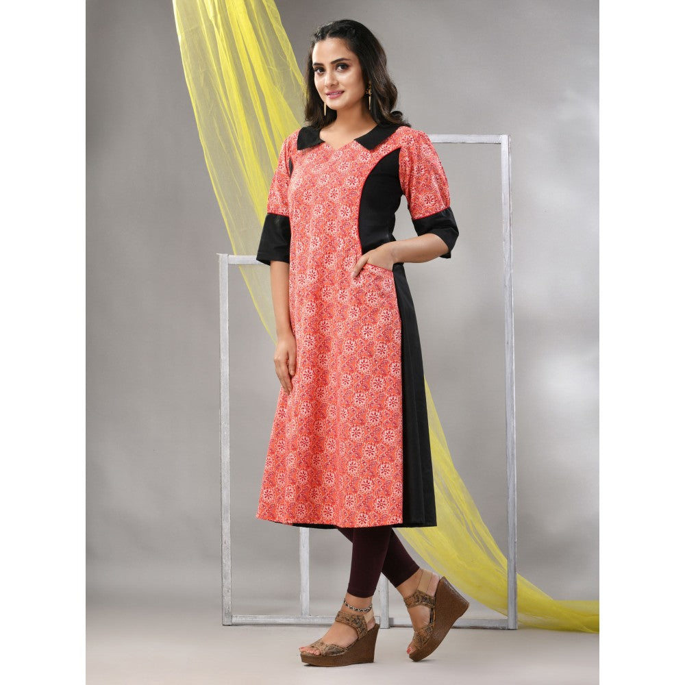 CHARUKRITI Peach Cotton Printed A-Line Kurta