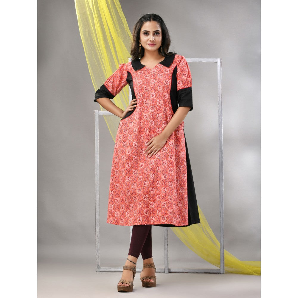 CHARUKRITI Peach Cotton Printed A-Line Kurta