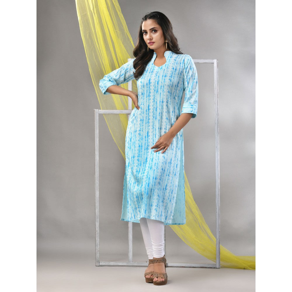 CHARUKRITI Sky Blue Rayon Printed Straight Kurta