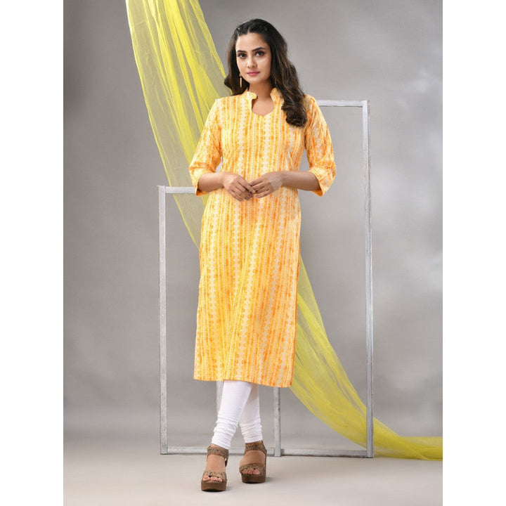 CHARUKRITI Yellow Rayon Printed Straight Kurta