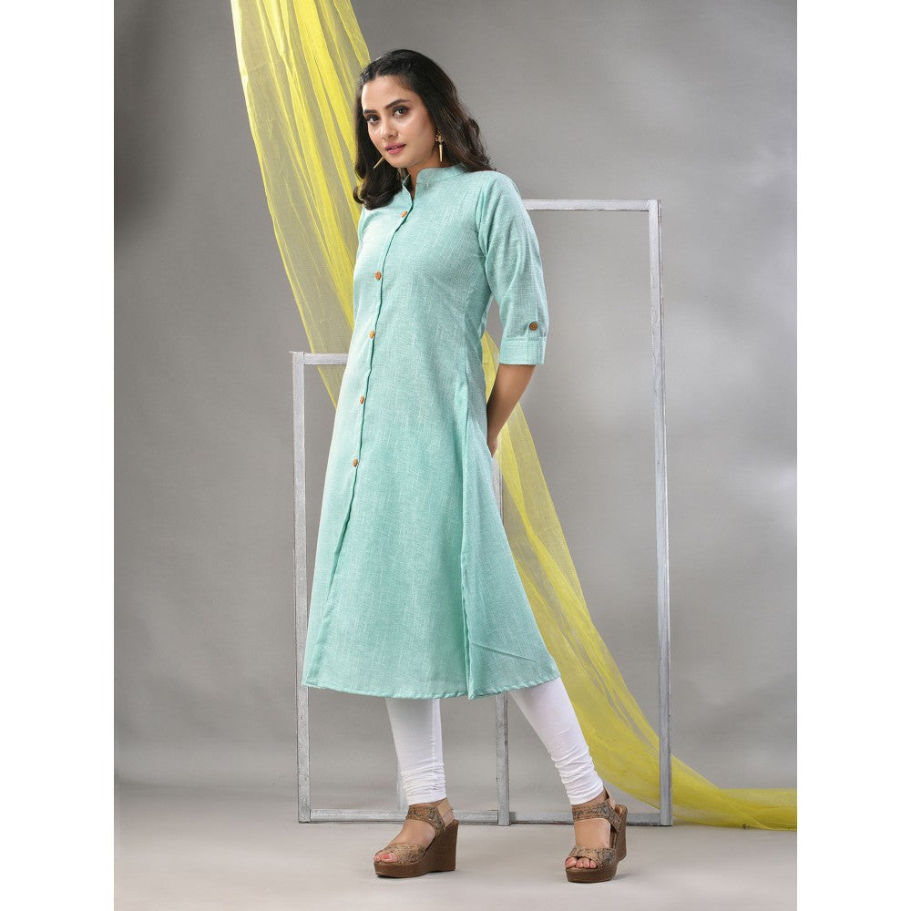 CHARUKRITI Mint Green Solid Cotton A-Line Kurta