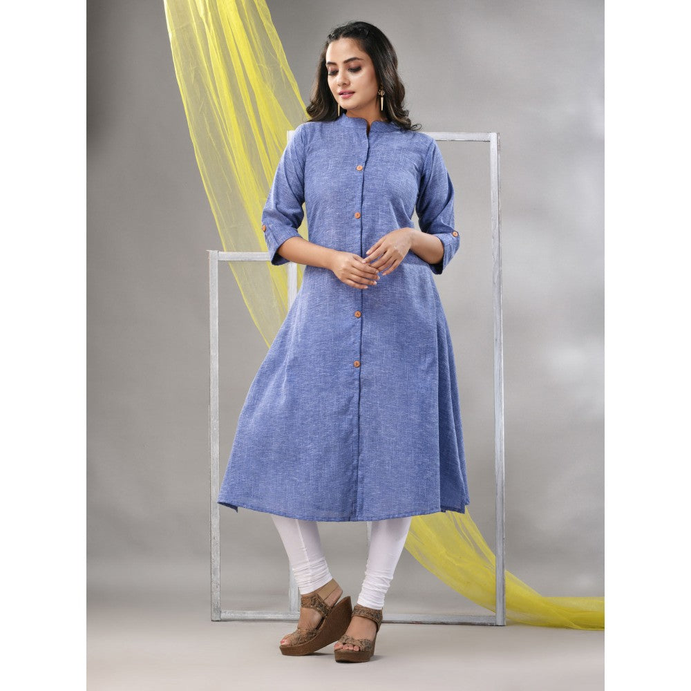 CHARUKRITI Blue Solid Cotton A-Line Kurta