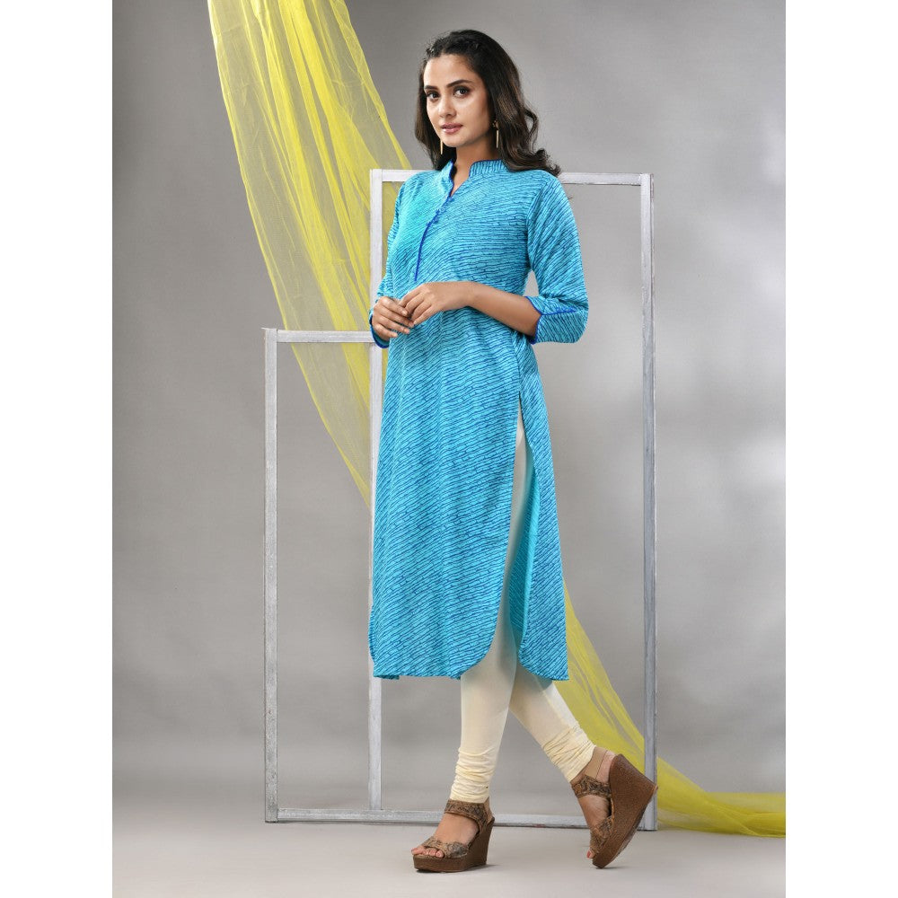 CHARUKRITI Sky Blue Rayon Leheriya Printed Straight Kurta