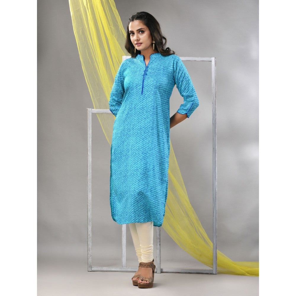 CHARUKRITI Sky Blue Rayon Leheriya Printed Straight Kurta