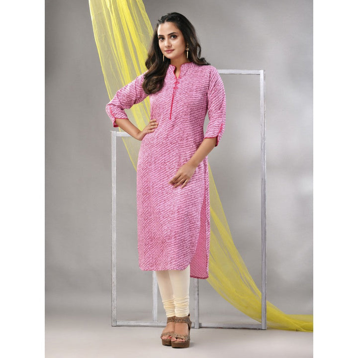 CHARUKRITI Pink Rayon Leheriya Printed Straight Kurta