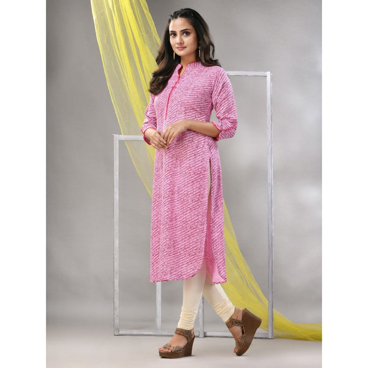 CHARUKRITI Pink Rayon Leheriya Printed Straight Kurta