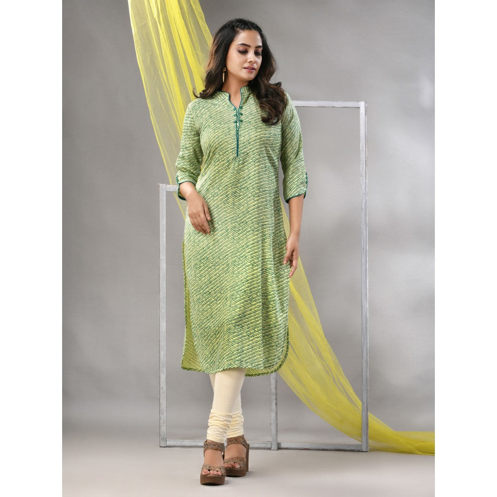 CHARUKRITI Green Rayon Leheriya Printed Straight Kurta