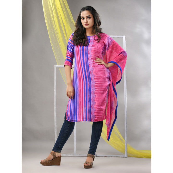 CHARUKRITI Pink Printed Satin Asymmetrical Straight Kurta