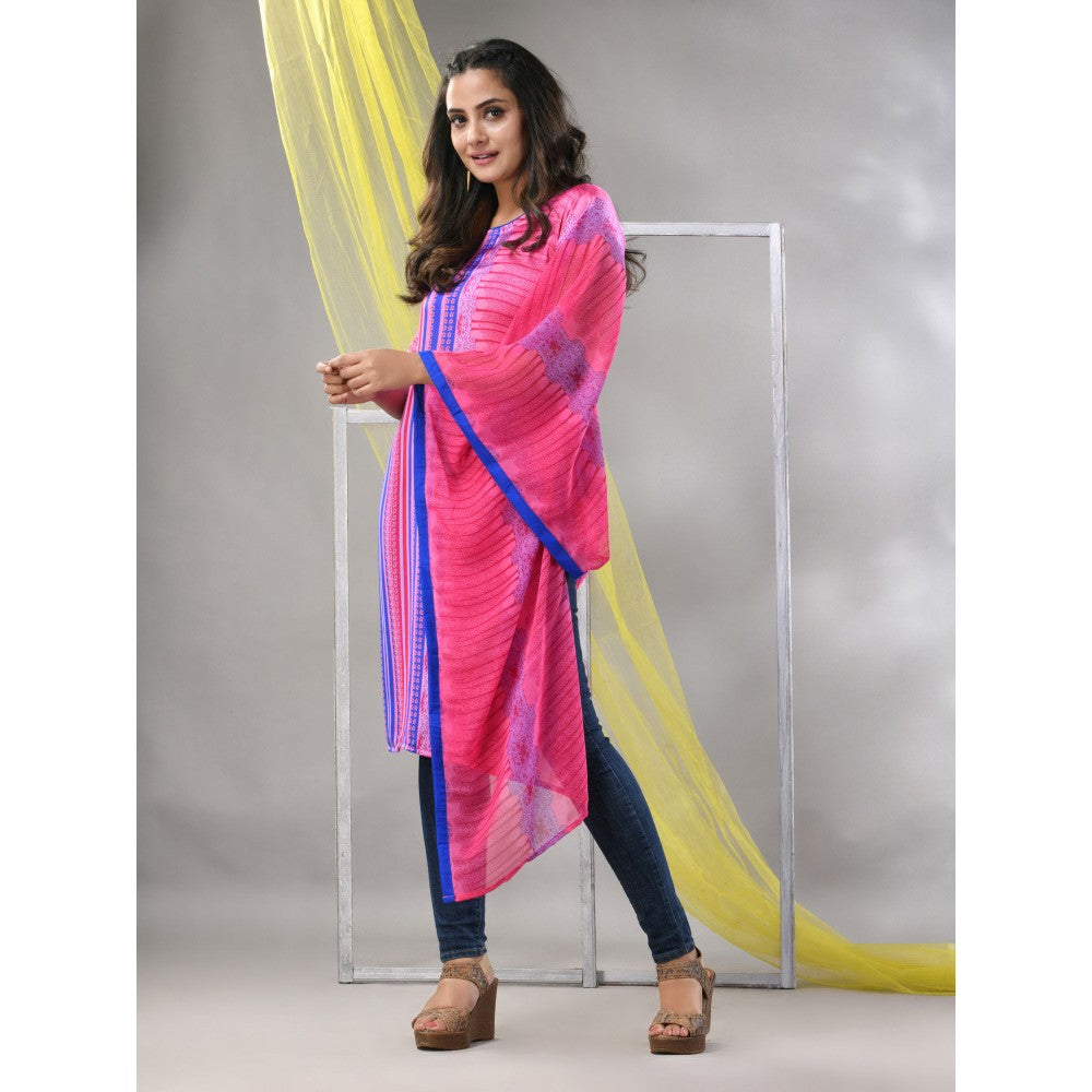 CHARUKRITI Pink Printed Satin Asymmetrical Straight Kurta