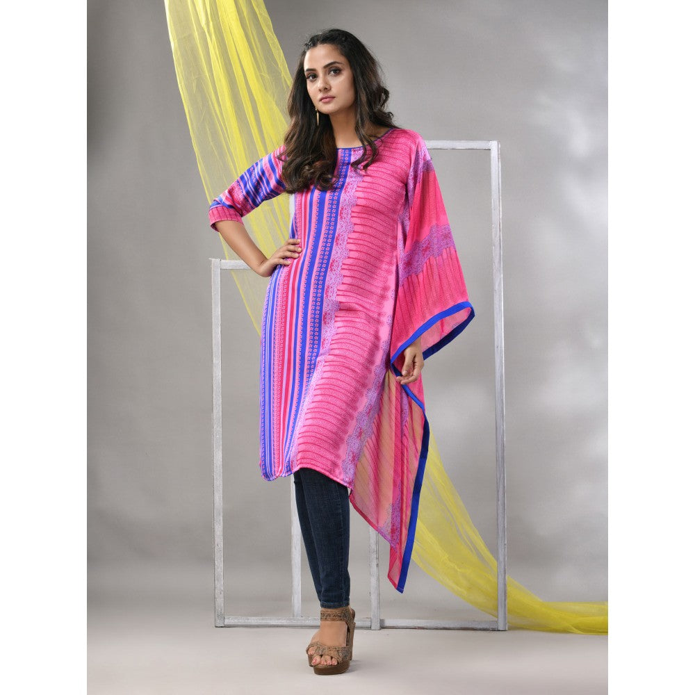 CHARUKRITI Pink Printed Satin Asymmetrical Straight Kurta