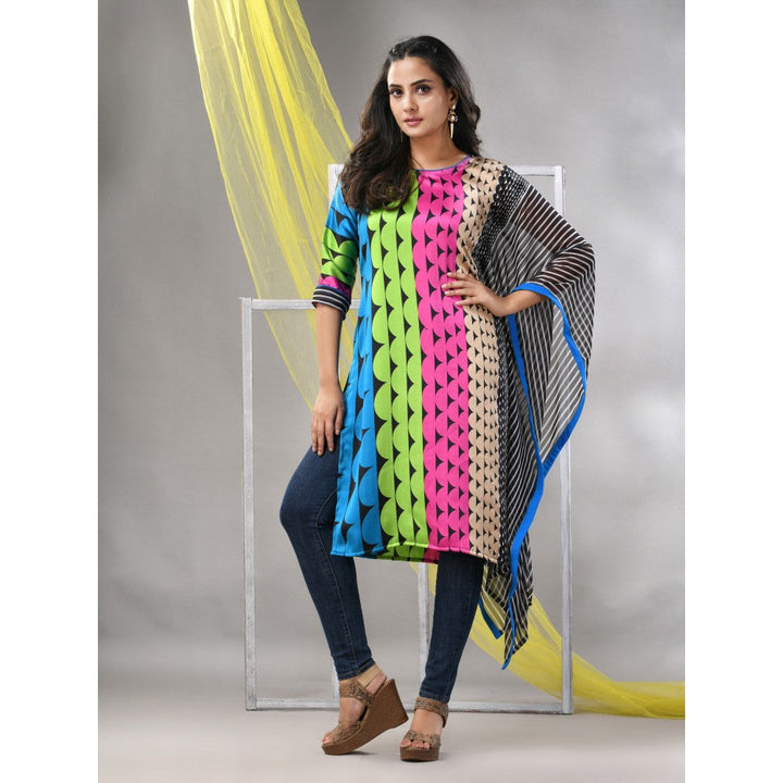 CHARUKRITI Blue and Black Printed Satin Asymmetrical Straight Kurta