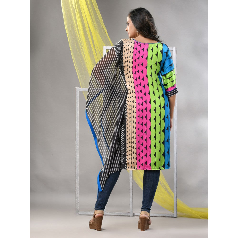 CHARUKRITI Blue and Black Printed Satin Asymmetrical Straight Kurta