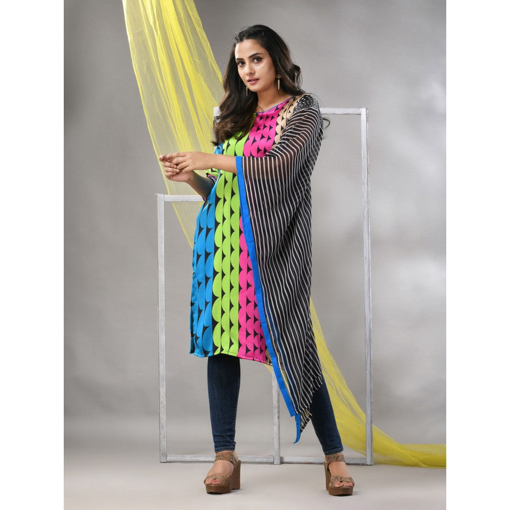 CHARUKRITI Blue and Black Printed Satin Asymmetrical Straight Kurta