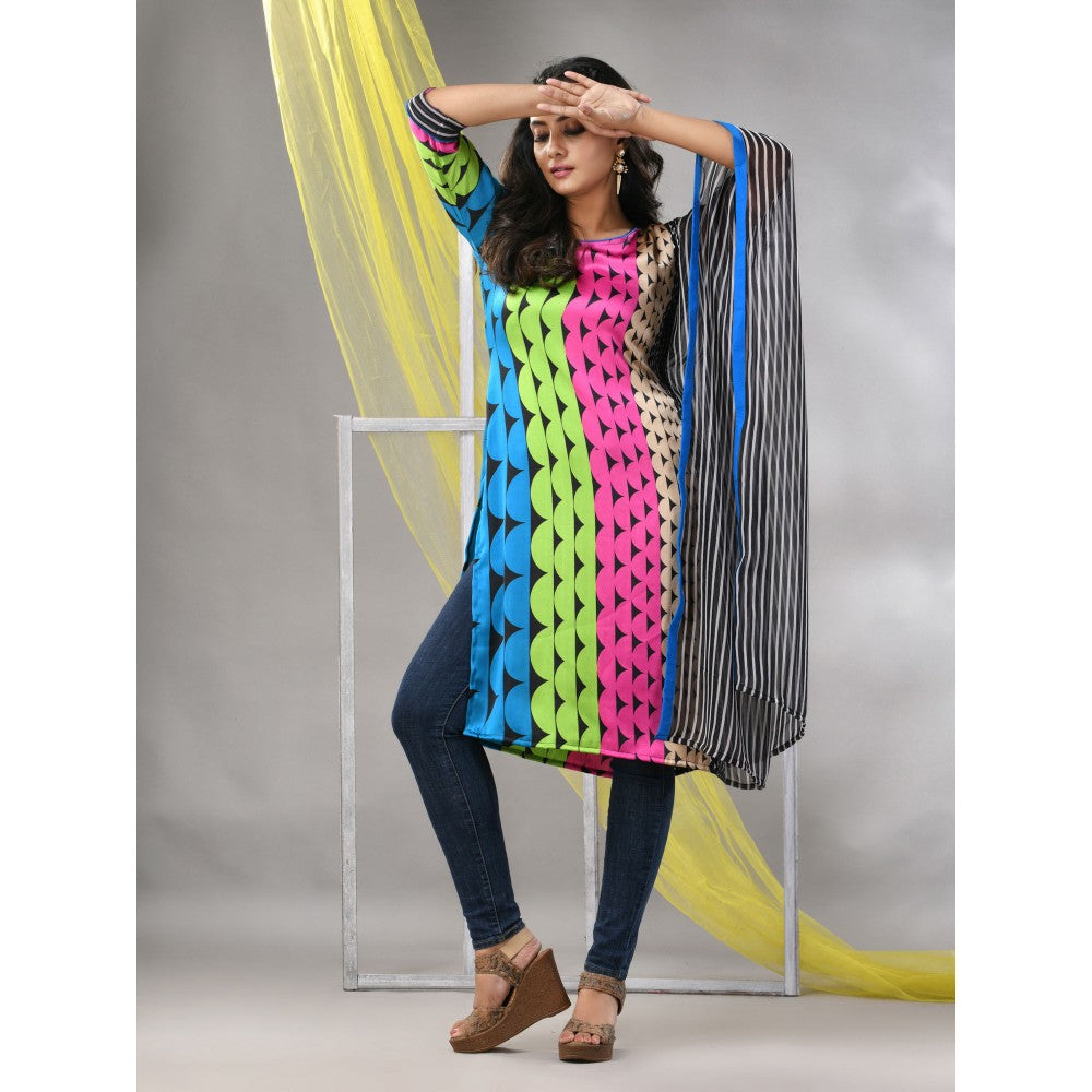 CHARUKRITI Blue and Black Printed Satin Asymmetrical Straight Kurta