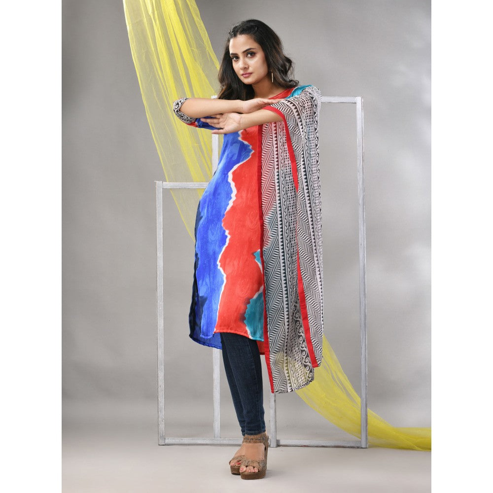 CHARUKRITI Multicolor Printed Satin Asymmetrical Straight Kurta