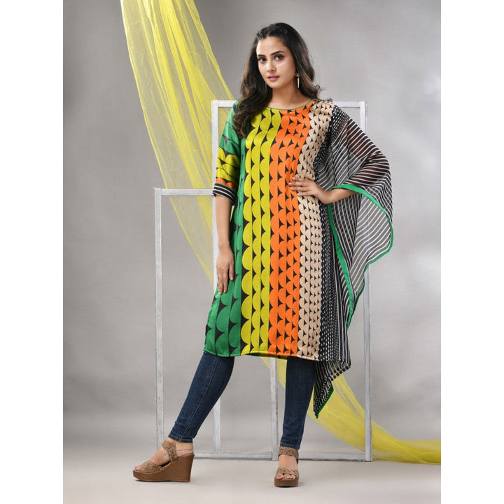 CHARUKRITI Green and Black Printed Satin Asymmetrical Straight Kurta