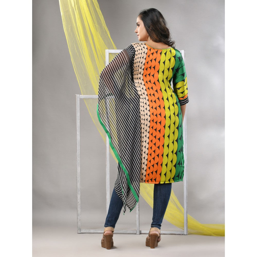 CHARUKRITI Green and Black Printed Satin Asymmetrical Straight Kurta